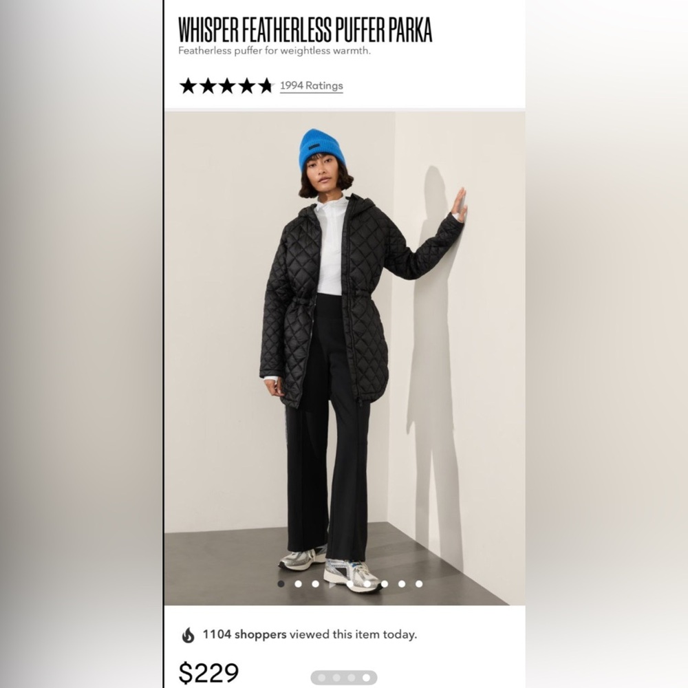 Athleta Whisper Featherless Parka 
Dark green winter puffer jacket